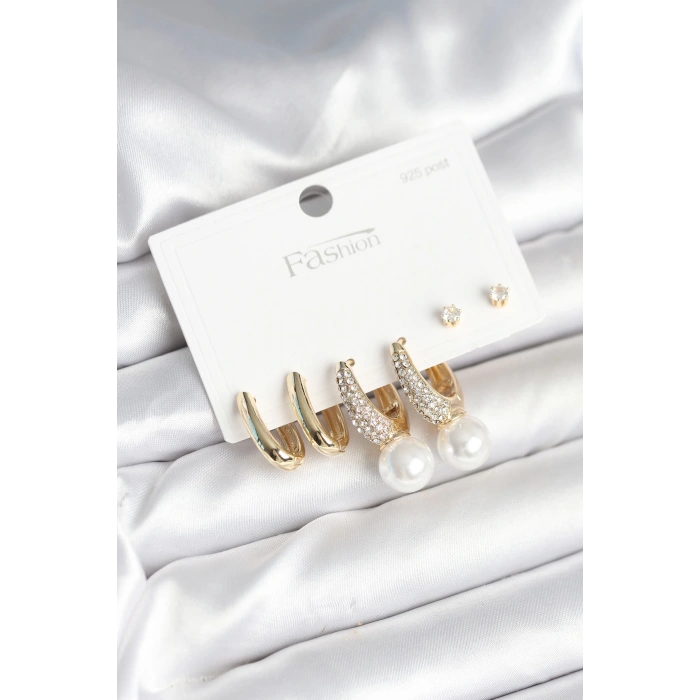 Dodes Dodes Pirinç Gold Renk Zirkon Taşlı İnci Detaylı 925 Ayar Gümüş Çivili Kadın Küpe Seti TG27BKP11252