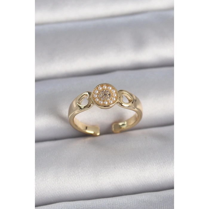 Dodes Dodes Pirinç Gold Renk Zirkon Taşlı İncili Kalp İşleme Detay Ayarlanabilir Kadın Yüzük TG27BYK3358
