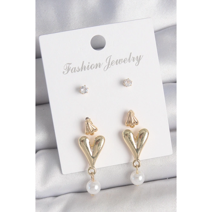 Dodes Dodes Pirinç Gold Renk Zirkon Taşlı İncili Sallantılı Kalp Model 3 Çift Kadın Küpe Seti TG27BKP10608