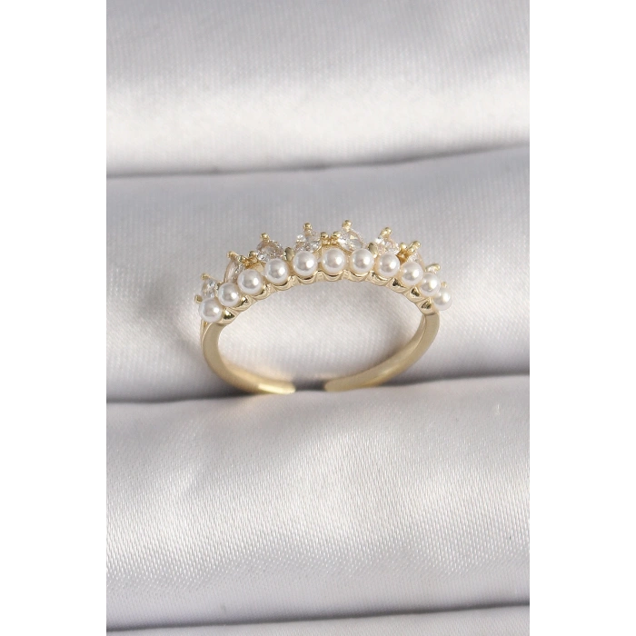 Dodes Dodes Pirinç Gold Renk Zirkon Taşlı İncili Taç Model Ayarlanabilir Kadın Yüzük TG27BYK3576