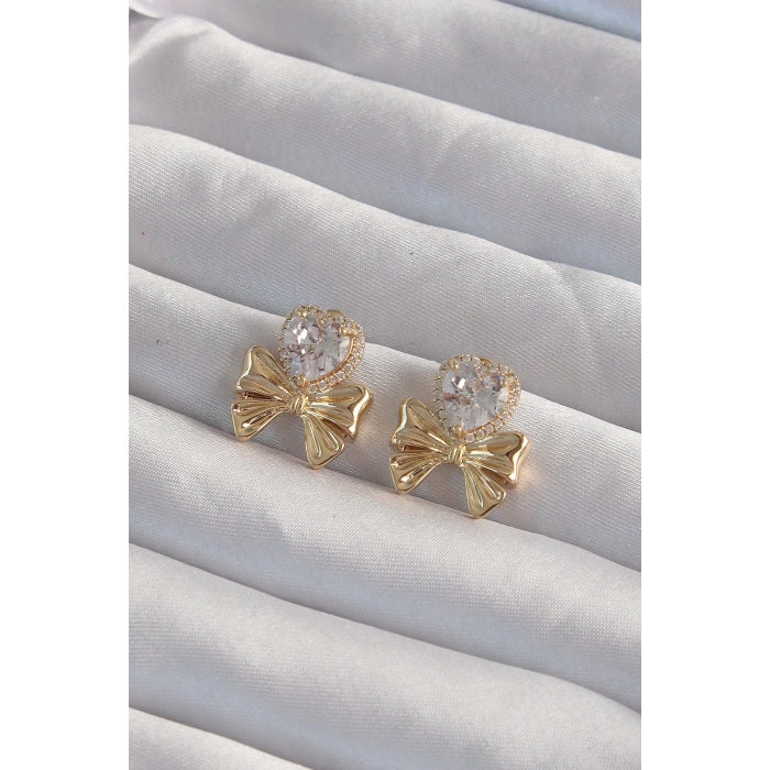 Dodes Dodes Pirinç Gold Renk Zirkon Taşlı Kalp Model Fiyonk Küpe TG27BKP9311