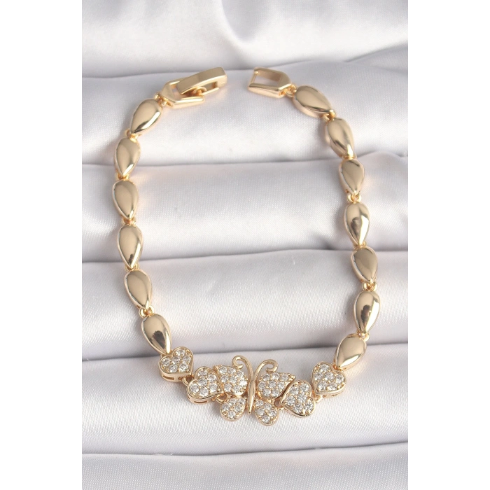 Dodes Dodes Pirinç Gold Renk Zirkon Taşlı Kelebek Figür Damla Zincir Model Kadın Bileklik TG27BB6840