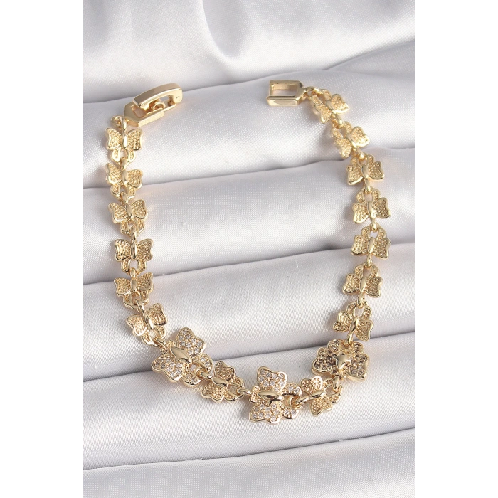 Dodes Dodes Pirinç Gold Renk Zirkon Taşlı Kelebek Model Zincir Kadın Bileklik TG27BB6834