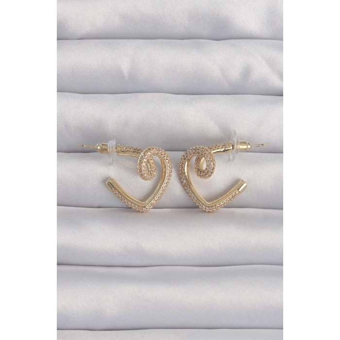 Dodes Dodes Pirinç Gold Renk Zirkon Taşlı Kıvrımlı Yarım Kalp Küpe TG27BKP9279