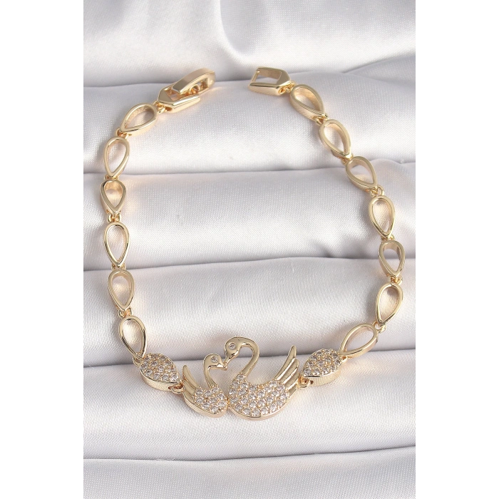 Dodes Dodes Pirinç Gold Renk Zirkon Taşlı Kuğu Figür Damla Zincir Model Kadın Bileklik TG27BB6849
