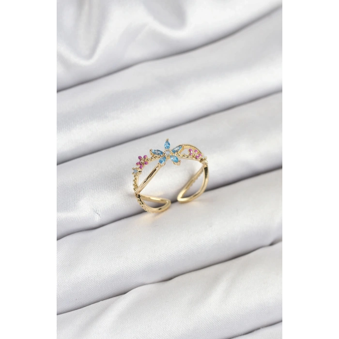 Dodes Dodes Pirinç Gold Renk Zirkon Taşlı Mavi Çiçekli Kadın Yüzük TG27BYK3834