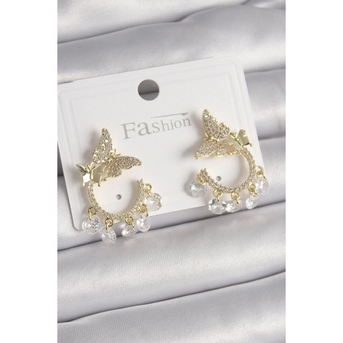 Dodes Dodes Pirinç Gold Renk Zirkon Taşlı Sallantı Detay Kelebek Model Kadın Küpe TG27BKP9901