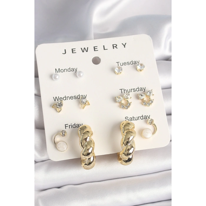 Dodes Dodes Pirinç Gold Renk Zirkon Taşlı Sarmal Halka Model 7Li Kadın Küpe Seti TG27BKP10324