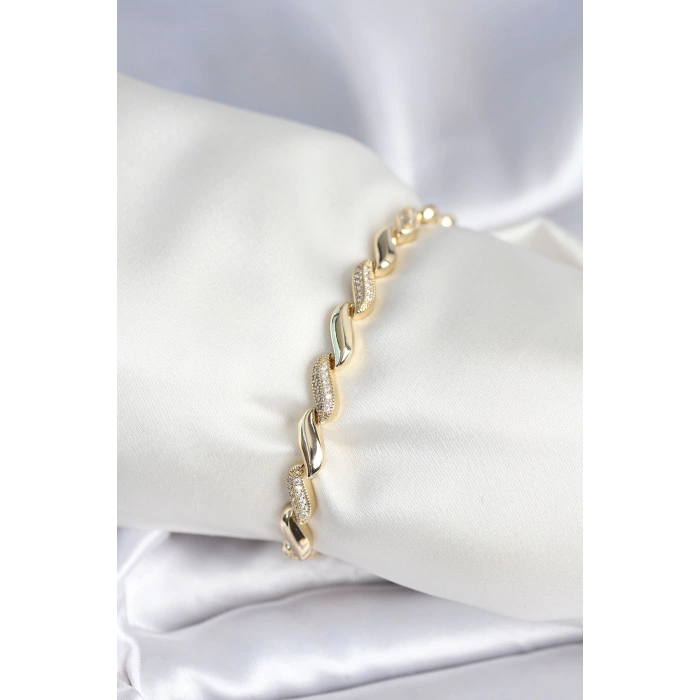 Dodes Dodes Pirinç Gold Renk Zirkon Taşlı Sarmal Model Kadın Bileklik TG27BB7970