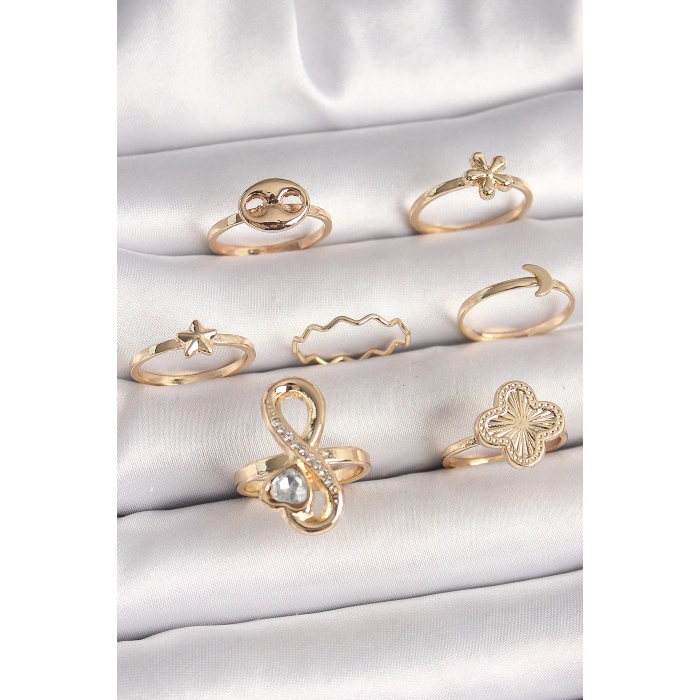 Dodes Dodes Pirinç Gold Renk Zirkon Taşlı Sonsuzluk Figür Yıldız Detay Kadın Yüzük Kombini TG27BYK3674