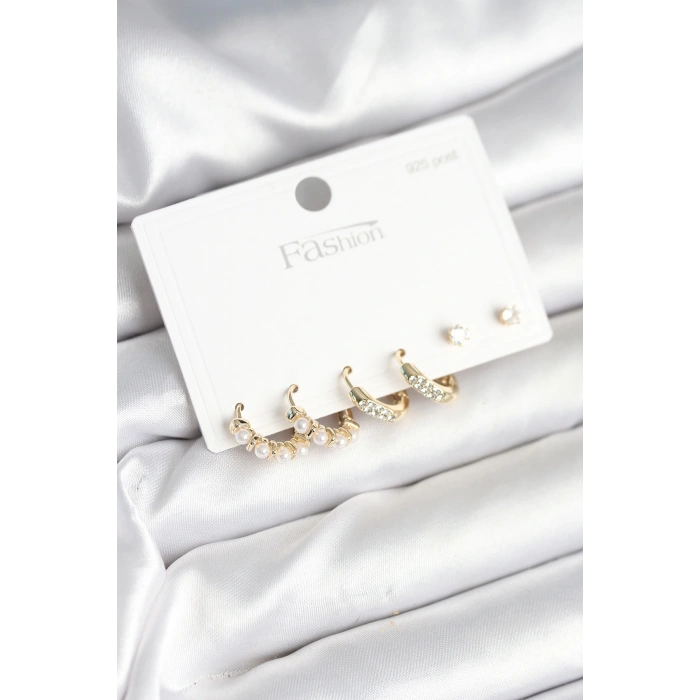 Dodes Dodes Pirinç Gold Renk Zirkon Taşlı ve İncili Model 925 Ayar Gümüş Çivi Kadın Küpe Seti TG27BKP11277