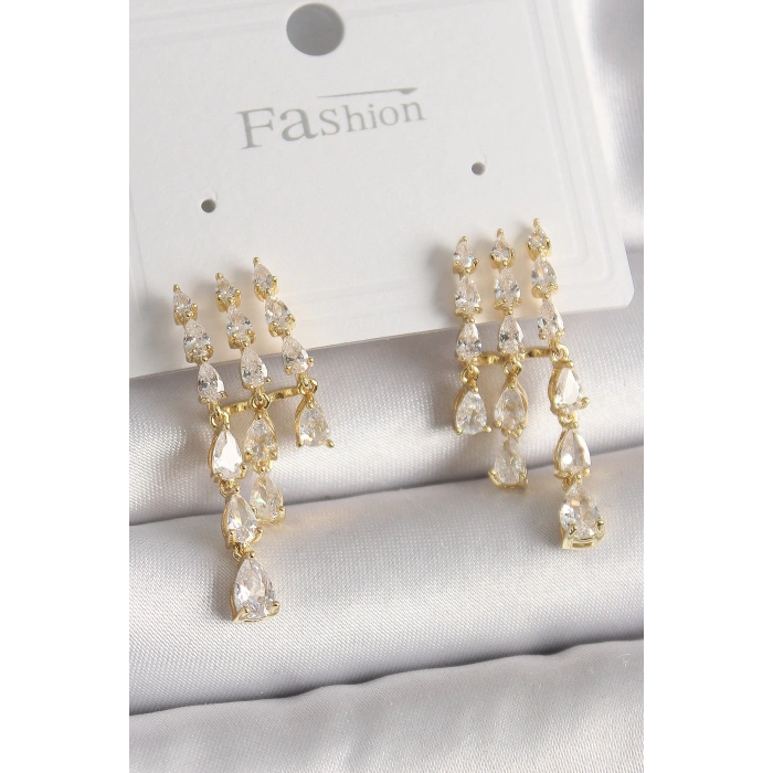 Dodes Dodes Pirinç Gold Renk Zirkon Taşlı Yağmur Model Kadın Küpe TG27BKP9935