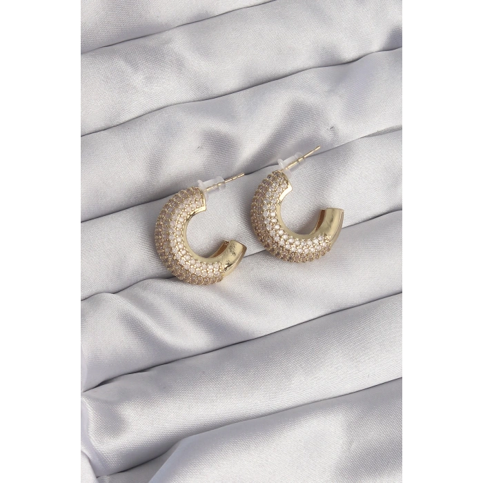 Dodes Dodes Pirinç Gold Renk Zirkon Taşlı Yarım Halka Küpe TG27BKP9113