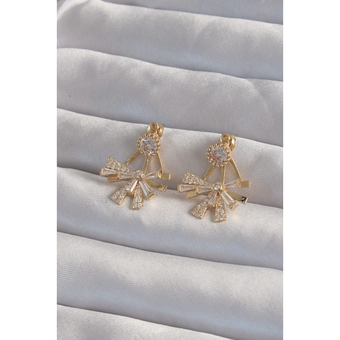 Dodes Dodes Pirinç Gold Renk Zirkon Taşlı Yassı Fiyonk Model Küpe TG27BKP9301