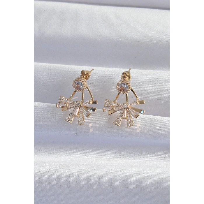 Dodes Dodes Pirinç Gold Renk Zirkon Taşlı Yassı Fiyonk Model Küpe TG27BKP9301