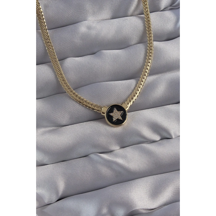 Dodes Dodes Pirinç Gold Renk Zirkon Taşlı Yıldız Model Siyah Mineli Ezme Zincirli Serenay Kolyesi TG27BKO8840