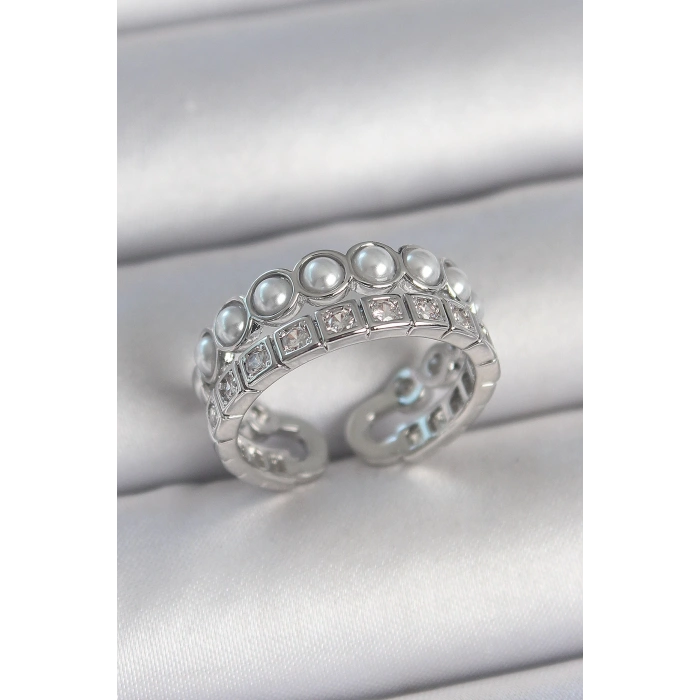 Dodes Dodes Pirinç Gümüş Renk 2Li Sıra Zirkon Taşlı Ve İncili Ayarlanabilir Kadın Yüzük TG27BYK3720