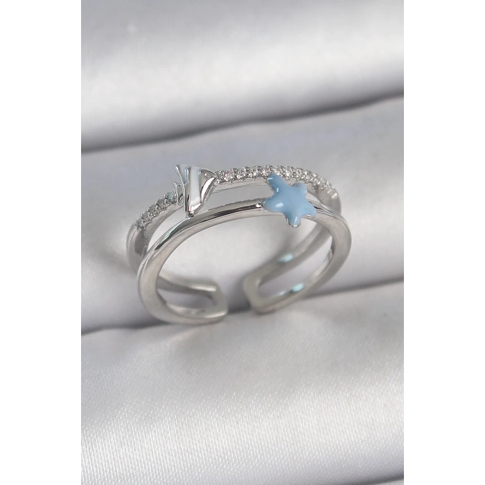 Dodes Dodes Pirinç Gümüş Renk 2Li Zirkon Taşlı Mavi Yıldız Figür Ayarlanabilir Kadın Yüzük TG27BYK3738