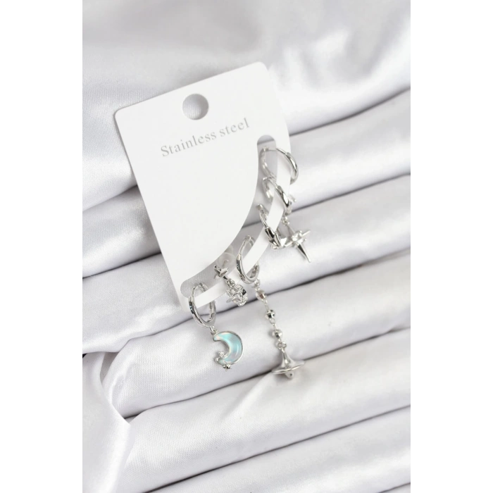 Dodes Dodes Pirinç Gümüş Renk Ay Model Kadın Set Küpe TG27BKP11220