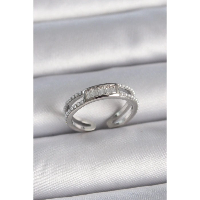 Dodes Dodes Pirinç Gümüş Renk Ayarlanabilir Sıralı İncili Zirkon Taşlı Kadın Yüzük TG27BYK3381