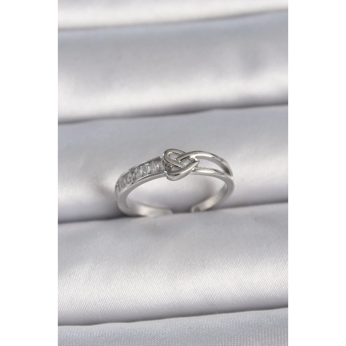 Dodes Dodes Pirinç Gümüş Renk Ayarlanabilir Zirkon Taşlı Düğüm Kalp Model Kadın Yüzük TG27BYK3405