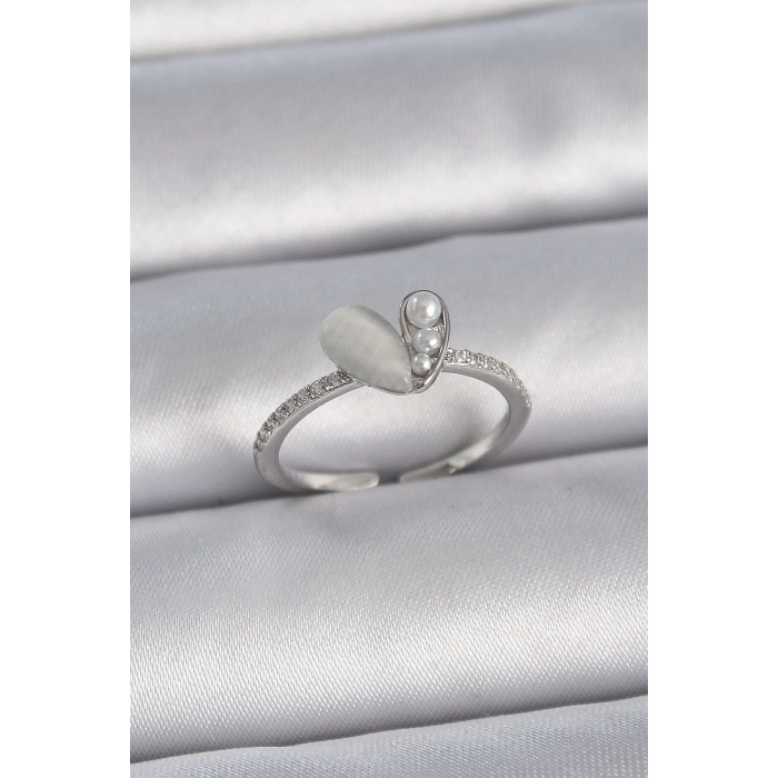 Dodes Dodes Pirinç Gümüş Renk Ayarlanabilir Zirkon Taşlı İncili Beyaz Mineli Kalp Model Kadın Yüzük TG27BYK3377