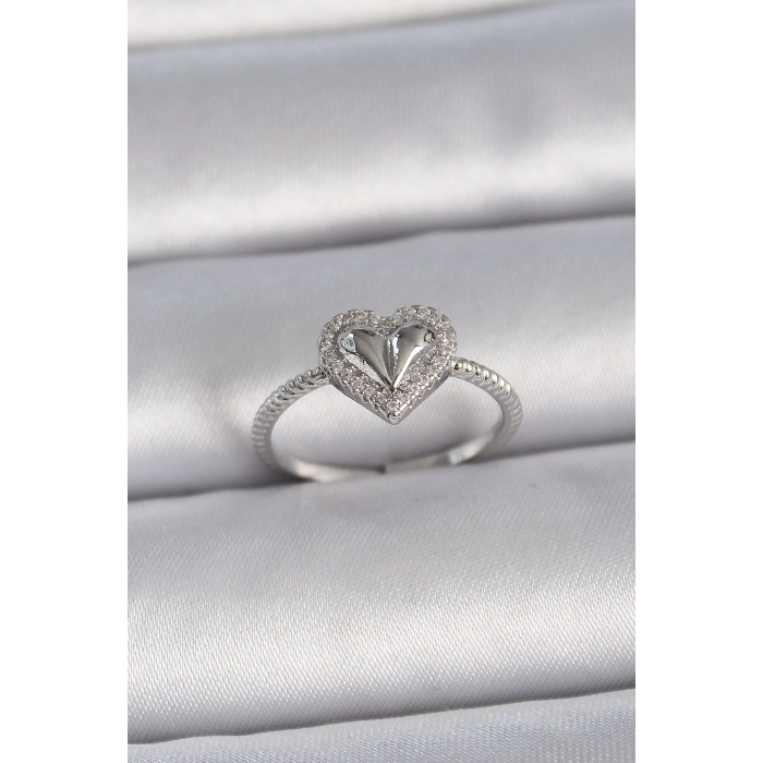 Dodes Dodes Pirinç Gümüş Renk Ayarlanabilir Zirkon Taşlı Kalp Model Kadın Yüzük TG27BYK3395