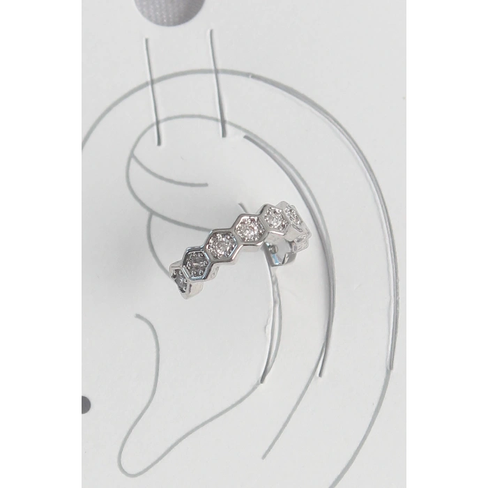 Dodes Dodes Pirinç Gümüş Renk Bal Peteği Model Zirkon Taşlı Kadın Kıkırdak Küpe TG27BKP10568