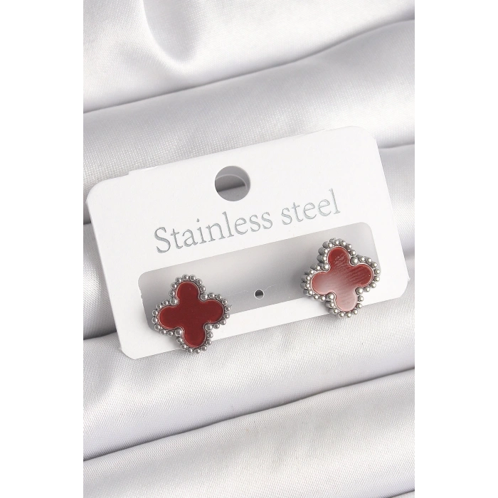 Dodes Dodes Pirinç Gümüş Renk Bordo Yonca Model Kadın Küpe TG27BKP10359