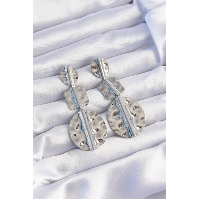 Dodes Dodes Pirinç Gümüş Renk Geometrik Ezme Plaka Küpe TG27BKP9245