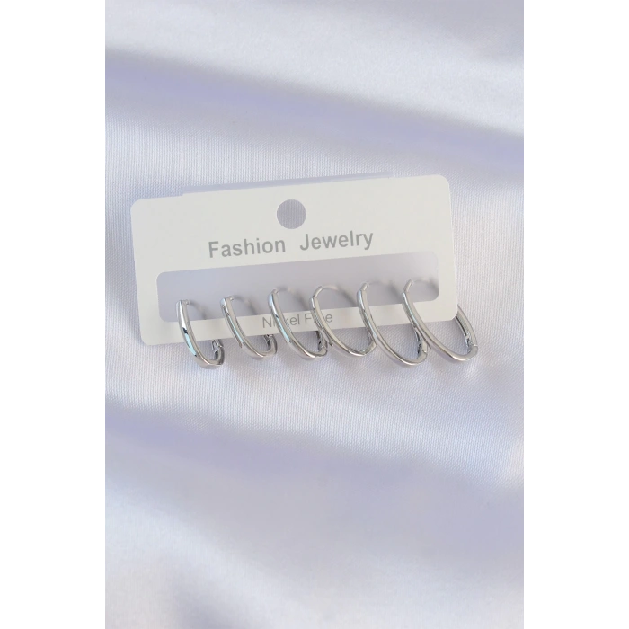 Dodes Dodes Pirinç Gümüş Renk İnce Oval Küpe Seti TG27BKP8989