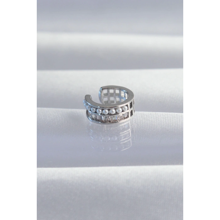 Dodes Dodes Pirinç Gümüş Renk İncili Baget Taşlı Earcuff Küpe TG27BKP9338