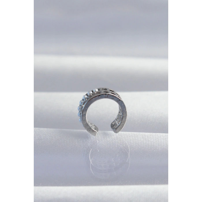 Dodes Dodes Pirinç Gümüş Renk İncili Baget Taşlı Earcuff Küpe TG27BKP9338