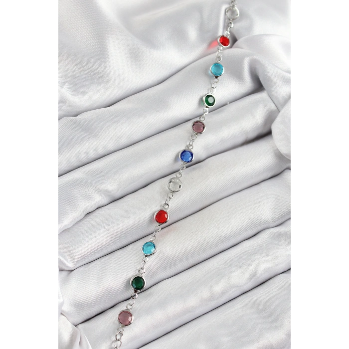 Dodes Dodes Pirinç Gümüş Renk Karışık Renk Zirkon Taşlı Kadın Bileklik TG27BB7046