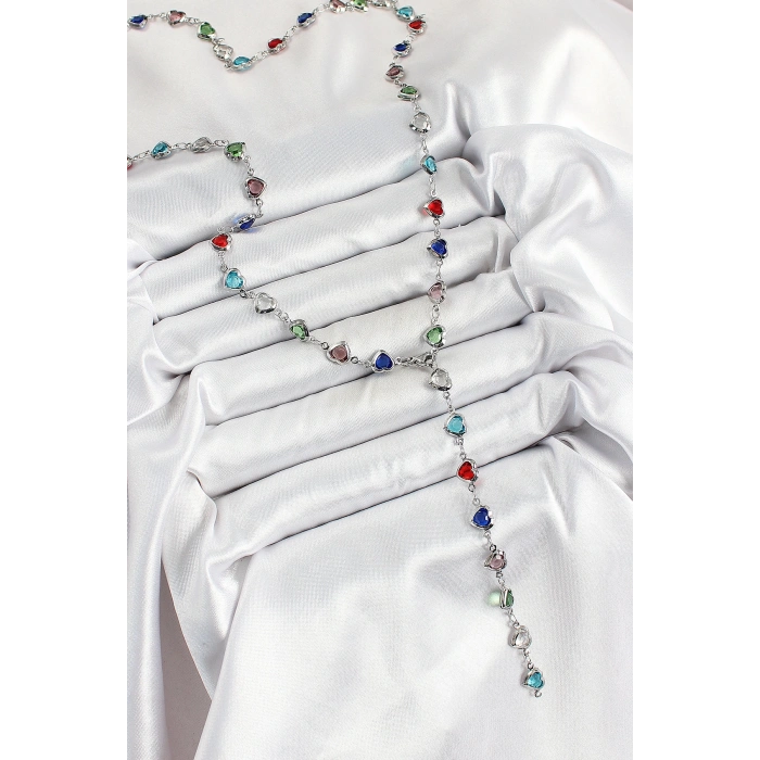 Dodes Dodes Pirinç Gümüş Renk Karışık Renk Zirkon Taşlı Kalpli Y Kadın Kolye TG27BKO10338