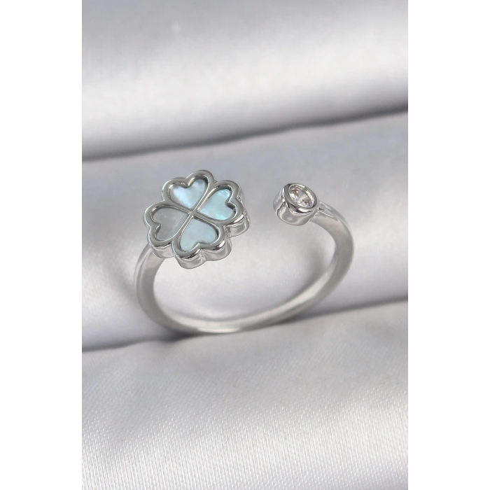 Dodes Dodes Pirinç Gümüş Renk Mavi Mineli Yonca Model Zirkon Taş Detay Ayarlanabilir Kadın Yüzük TG27BYK3750