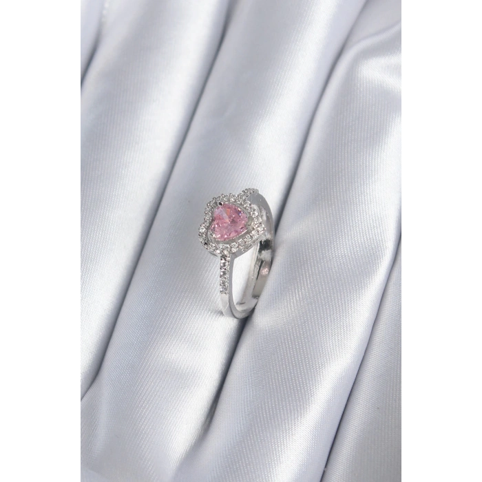 Dodes Dodes Pirinç Gümüş Renk Pembe Zirkon Taş Kalp Charm Model Kadın Yüzük TG27BYK2954