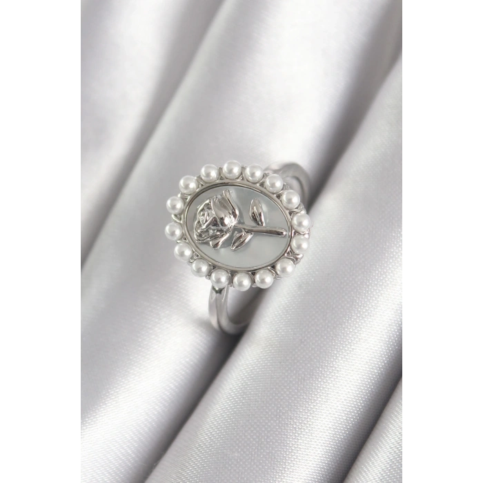 Dodes Dodes Pirinç Gümüş Renk Portre Gül Model İnci Detay Kadın Yüzük TG27BYK3064