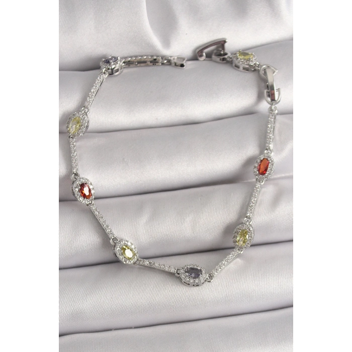 Dodes Dodes Pirinç Gümüş Renk Renkli Zirkon Taşlı Damla Taş Model Kadın Bileklik TG27BB6873