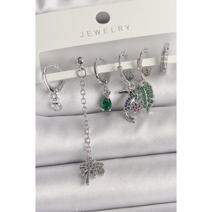 Dodes Dodes Pirinç Gümüş Renk Sallantı Zirkon Taşlı Ağaç Figür Çoklu Kadın Küpe Seti TG27BKP10119