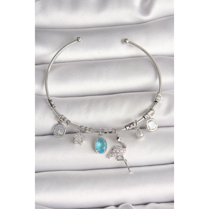 Dodes Dodes Pirinç Gümüş Renk Sallantı Zirkon Taşlı Filaminga Figür Charm Kadın Bileklik TG27BB6903