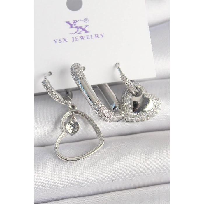 Dodes Dodes Pirinç Gümüş Renk Sallantı Zirkon Taşlı Kalp Model 3Lü Kadın Kombin Küpe TG27BKP10442