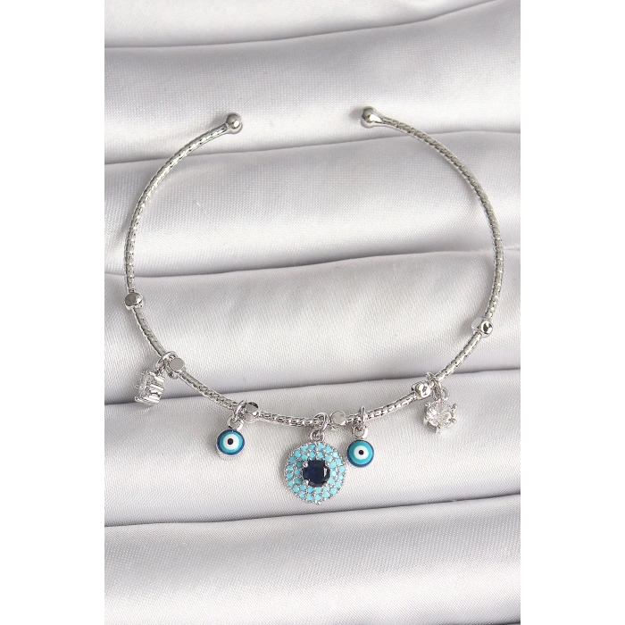 Dodes Dodes Pirinç Gümüş Renk Sallantı Zirkon Taşlı Nazar Boncuk Figür Charm Kadın Bileklik TG27BB6911