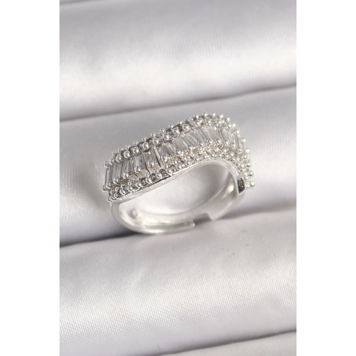 Dodes Dodes Pirinç Gümüş Renk Su Yolu Zirkon Dalga Model Ayarlanabilir Kadın Yüzük TG27BYK3692