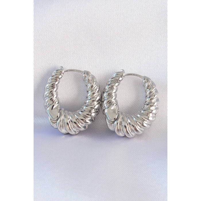 Dodes Dodes Pirinç Gümüş Renk Tırtık Detay Bombeli Halka Küpe TG27BKP8973