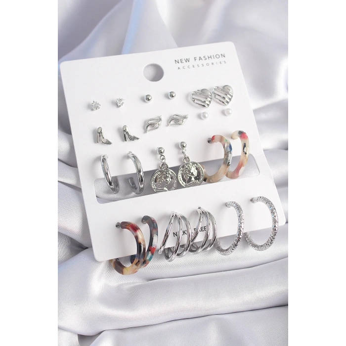 Dodes Dodes Pirinç Gümüş Renk Zirkon Taş Detaylı 12 Çift Kadın Küpe TG27BKP9680