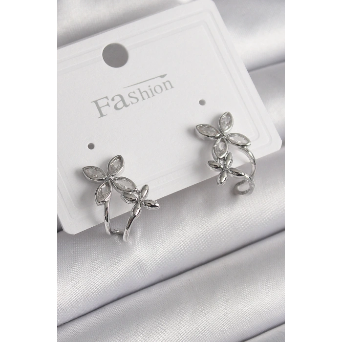 Dodes Dodes Pirinç Gümüş Renk Zirkon Taşlı 2Li Çiçek Model Kadın Küpe TG27BKP9962