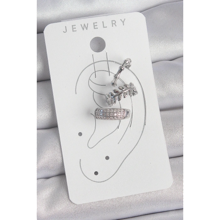 Dodes Dodes Pirinç Gümüş Renk Zirkon Taşlı 3Lü Model Yaprak Figür Kadın Kıkırdak Küpe TG27BKP10564