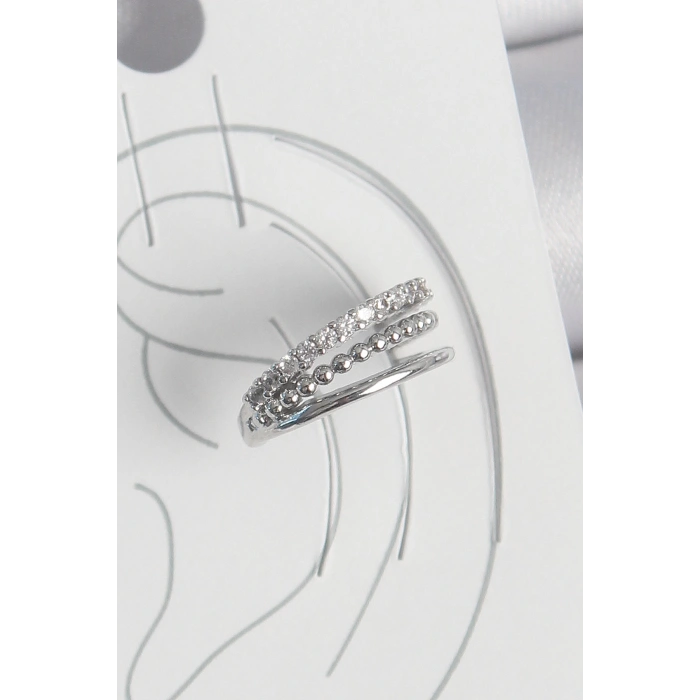 Dodes Dodes Pirinç Gümüş Renk Zirkon Taşlı 3Lü Sıralı Model Kadın Kıkırdak Küpe TG27BKP10555