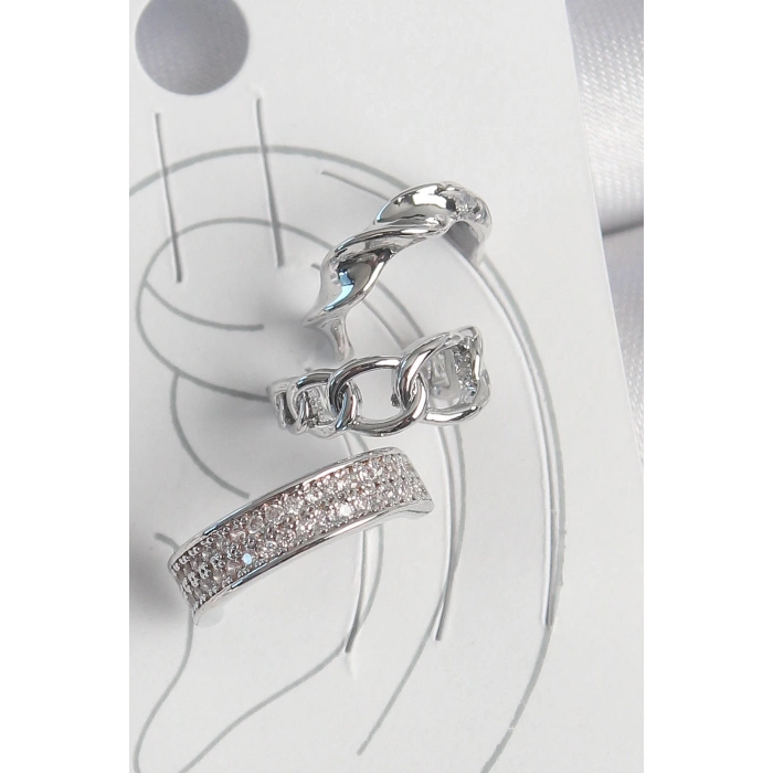 Dodes Dodes Pirinç Gümüş Renk Zirkon Taşlı 3Lü Zincir Sarmal Model Kadın Kıkırdak Küpe TG27BKP10565